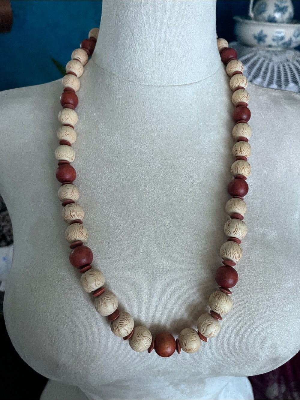 Natural Wood Bead Necklace Carved Cream & Brown Boho Statement Jewelry